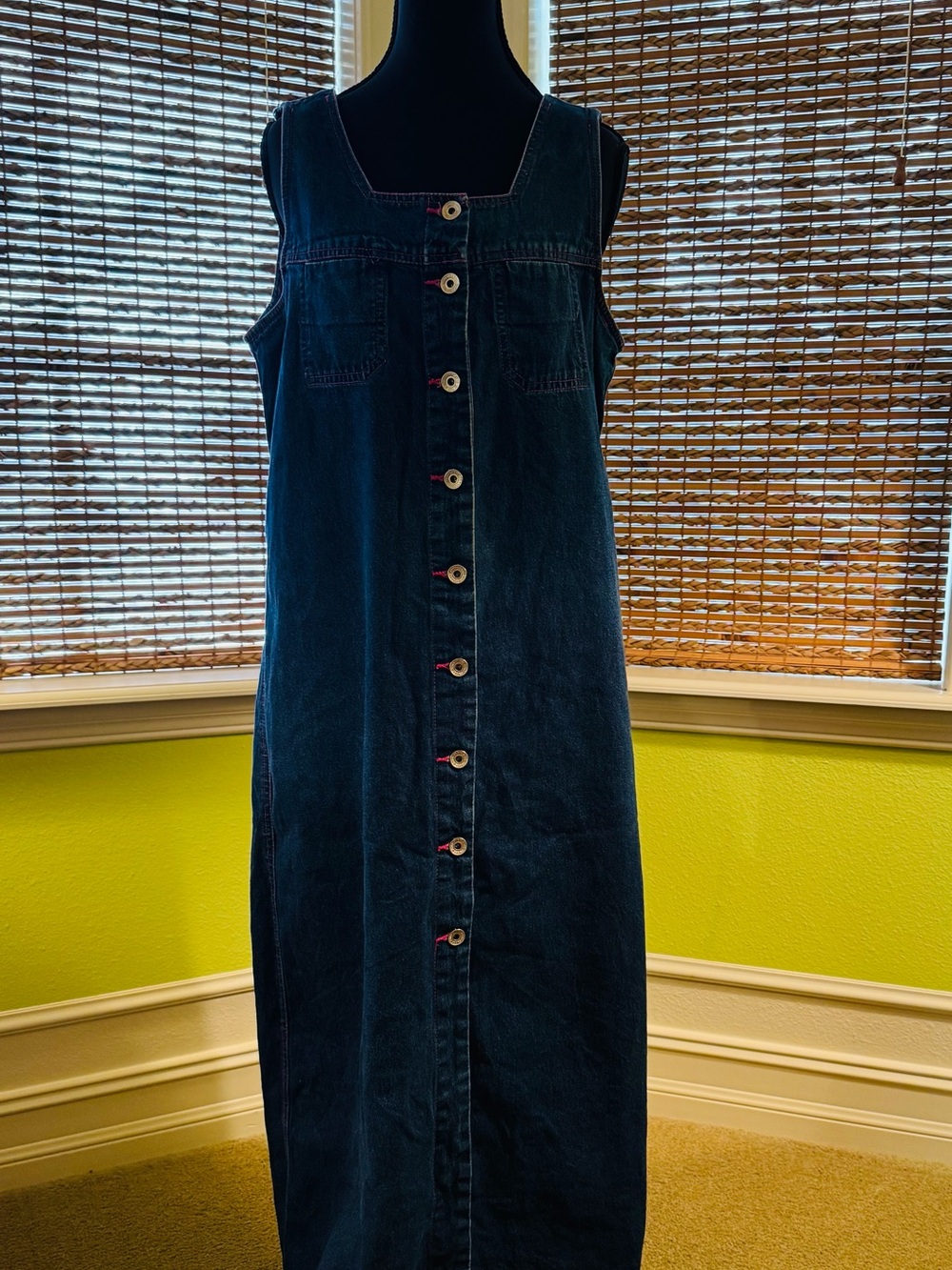 Sleeveless Button-Front Denim Maxi Dress - Dark Blue
